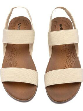 Women's Casual Flat Slide Beige Sandals Elastic Strappy Double Bands Open Toe